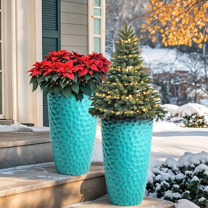 23.75" Turquoise Teal Plastic Tall Planters with Honeycomb Texture | Set of 2 PP tall planters with turquoise teal honeycomb texture, drainage plugs, and UV-treated finish for porch or patio