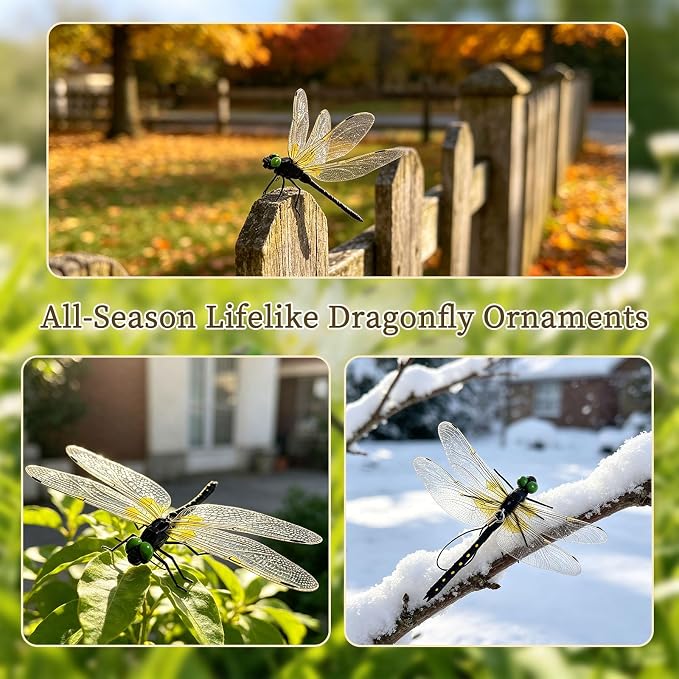 3D Artificial Dragonflies, 12Pcs Vivid Fake Dragonfly Decor Lifelike Dragonfly Clips with Removable Hanging Rope & Safety Pin PVC Dragonfly Ornament Indoor Outdoor Decor for Garden Patio Yard Home