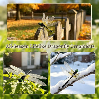 3D Artificial Dragonflies, 12Pcs Vivid Fake Dragonfly Decor Lifelike Dragonfly Clips with Removable Hanging Rope & Safety Pin PVC Dragonfly Ornament Indoor Outdoor Decor for Garden Patio Yard Home