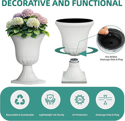 Autodaya 22" White Terrazzo Urn Planters Set of 2 Plastic Flower Pots | Timeless Large Outdoor Planters with Drainage Holes for Porch, Patio, Garden, or Christmas Decor