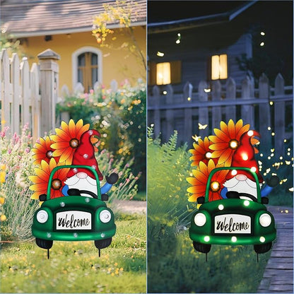 WONDER GARDEN Sunflower Yard Sign Decoration, 22.4" Metal Gnome Truck with LED Lighted, Outdoor Summer Garden Welcome Sign Stake, Outdoor Spring Truck Yard Decoration, Gift for Mom