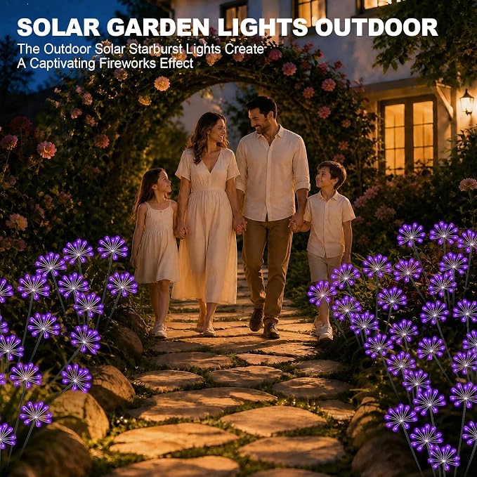 Solar Garden Lights Outdoor, Upgraded Solar Swaying Starburst Light Waterproof with 2 Modes, Solar Fairy Firework Lights for Yard Patio Pathway Flowerbed Balcony Garden Decoration (Purple, 2 Pack)