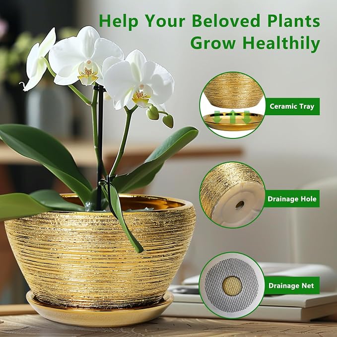 Ceramicfor Ceramic Planter 13 Inch - Indoor Plant Pot with Drainage Hole and Saucer Large Ceramic Pot for Plants Mid-Century Decorative Modern Outdoor Flower Pot for Home Decor Gold