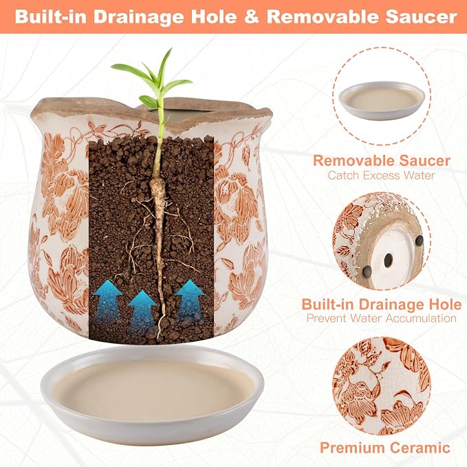 Ceramic-Planters-for-Indoor-Plants with Saucer, 6 inch Vintage Ice Crackle Glaze Plant Pots with Drainage Holes, Decorative Flower Pots for Outdoor Garden Home Decor, Tuscan Pot for Plant