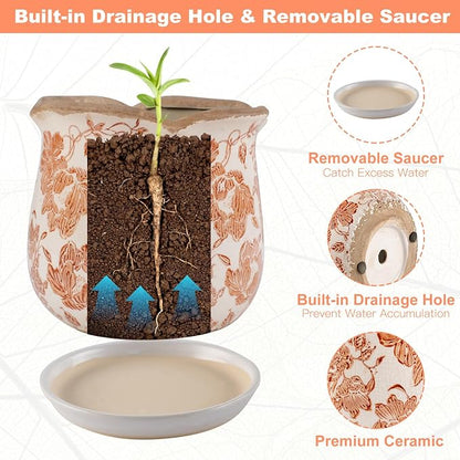 Ceramic-Planters-for-Indoor-Plants with Saucer, 6 inch Vintage Ice Crackle Glaze Plant Pots with Drainage Holes, Decorative Flower Pots for Outdoor Garden Home Decor, Tuscan Pot for Plant