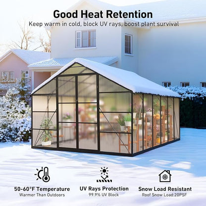 10x12FT Green Houses for Outside with Hygrometer, Double-Door Polycarbonate Greenhouse with Drainage Channel, Large Heavy Duty Greenhouse with Aluminum Frame, Roof Vent for Backyard or Garden Use