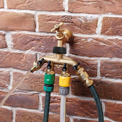 Hourleey Brass 4 Way Heavy Duty Garden Hose Splitter, Water Hose Splitter for 3/4" Hose Connector, Hose Faucet Splitter Hose Spigot Adapter 4 Valves with 4 Rubber Washers & Tape