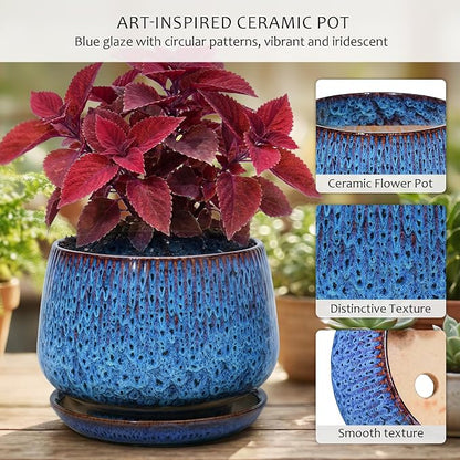 10.3 Inch Ceramic Planter with Saucer,Modern Garden Pots with Drainage Hole Mesh Net, for Indoor Outdoor Use (Speckle Blue)