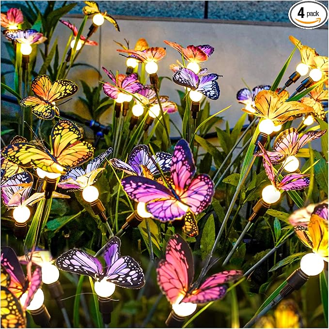 TONULAX Solar Garden Lights - 4 Pack Swaying Butterfly Light, Swaying in The Wind, Solar Outdoor Lights, Yard Patio Pathway Decoration, High Flexibility Iron Wire & Realistic Butterflies