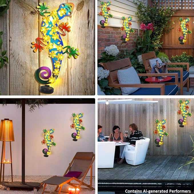 2 Pack Metal Lizards Outdoor Decor Metal Gecko Wall Decoration with 30 Led Solar Lights- 17.7" Fence Wall Art, Gift for Mom Grandma Women Birthday Gardening,Geico Lizard for Garden Patio Porch Yard