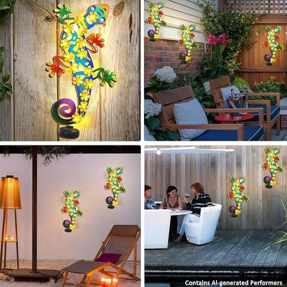 2 Pack Metal Lizards Outdoor Decor Metal Gecko Wall Decoration with 30 Led Solar Lights- 17.7" Fence Wall Art, Gift for Mom Grandma Women Birthday Gardening,Geico Lizard for Garden Patio Porch Yard