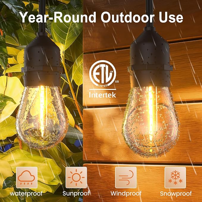 SUFEIMAS LED-Outdoor-String-Lights-Patio-Light-Outside 100FT Waterproof String Light with Remote Dimmer Outdoor Lighting with 68 Plastic Bulbs Hanging Lights for Porch Garden Backyard,1.5 FT Spacing
