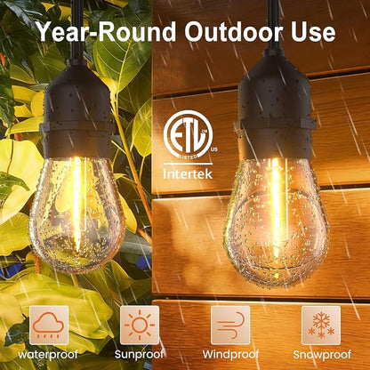 SUFEIMAS LED-Outdoor-String-Lights-Patio-Light-Outside 100FT Waterproof String Light with Remote Dimmer Outdoor Lighting with 68 Plastic Bulbs Hanging Lights for Porch Garden Backyard,1.5 FT Spacing