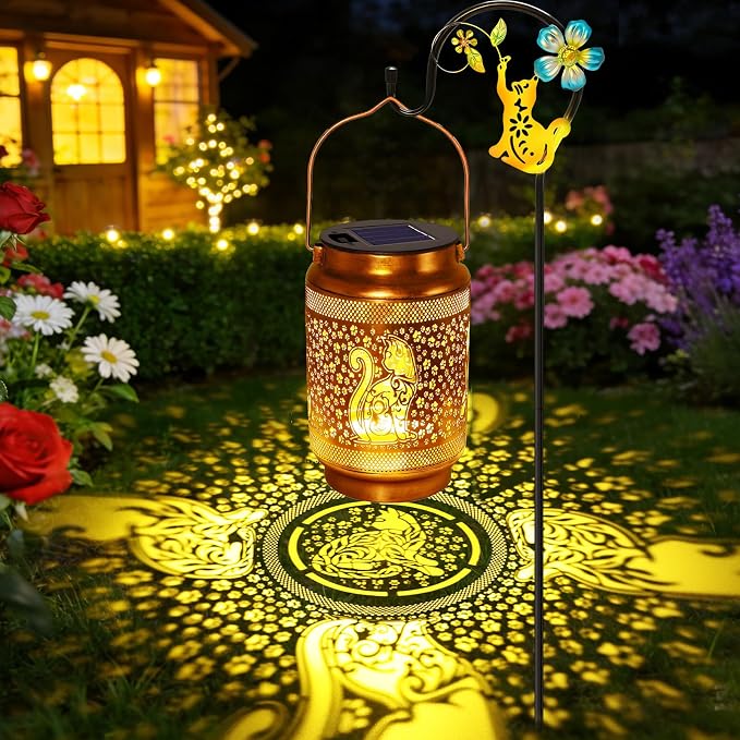 Cat Solar Lanterns Outdoor Waterproof Solar Garden Decor, Birthday Gifts for Women Mom Grandma, Metal Hanging Lights with Shepherd Hook for Outside Yard Patio Pathway Backyard Porch
