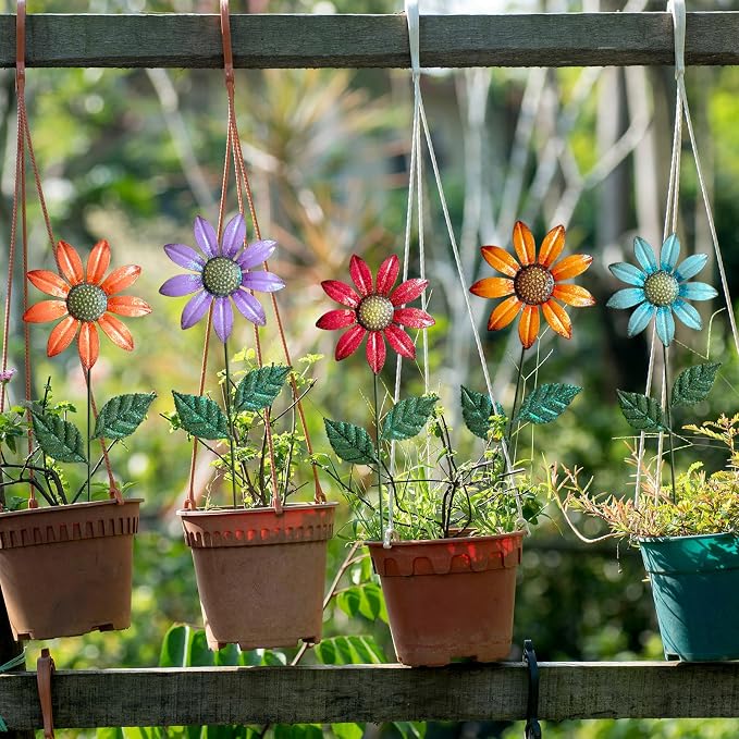 HUTHDAK Metal Flowers for Outside,5 Pack 16.15" Decorative Garden Stakes with Swaying Flowers Head Yard Art,Spring Garden Decor for Lawn, Pathway & Yard