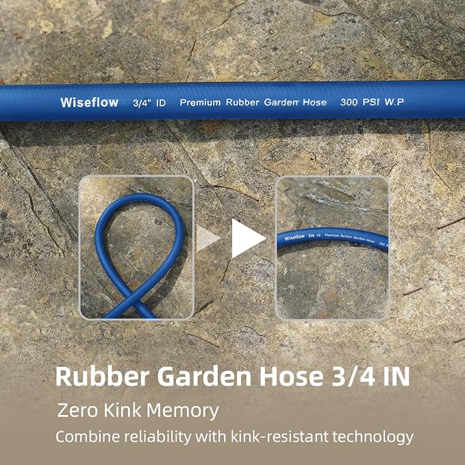 Wiseflow Garden Hose 50FT x 3/4", Heavy Duty Rubber Hose, Water Hose with Five Layered Braiding, Male Female Fittings, 1200PSI Burst, 300PSI Working for Yard, Car Wash, Pets (Blue)