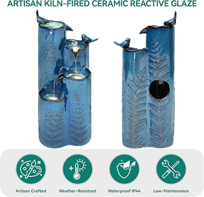 Autodaya 32" H 4-Tier Vase Ceramic Outdoor Water Fountain with LED Lights | Cascading Waterfall with Turquoise Glaze, Fern Pattern-Texture, Upgraded Pump, Bird Water Feature for Garden Patio Yard Porch