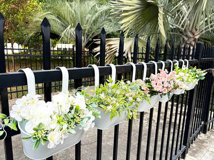 12" Balcony Railing Planters, Outdoor Hanging Planter for Fence, Stylish Metal Porch Deck Flower Pot for Herbs & Succulents (White, Pack of 2)