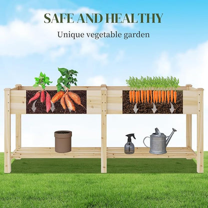 72x24x30.5in Raised Garden Bed Elevated Wood Planter Box with Shelf Garden Planter with Legs for Backyard, Patio, Balcony w/Divider Liner, 300lb Capacity -(Natural)