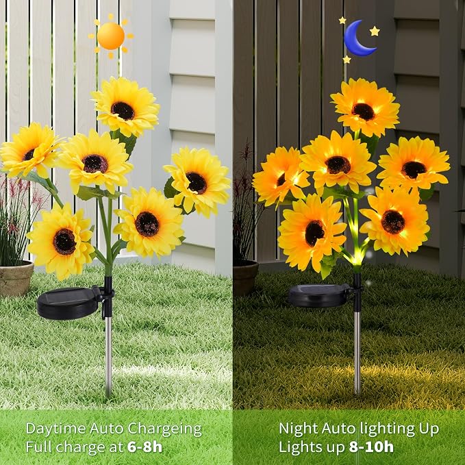 4-Pack Solar Sunflower Garden Decor, 24 LED Flower Stake Lights - Waterproof Long-Lasting Outdoor Solar Patio Decor for Lawn, Yard & Pathway