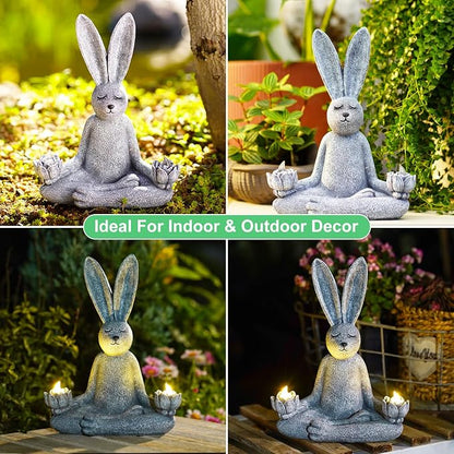 Goodeco Zen Rabbit Statue with Solar Lotus - Garden Yoga Bunny | sitting meditating rabbit serene resin figurine for patio, yard, lawn ornaments, home or outside