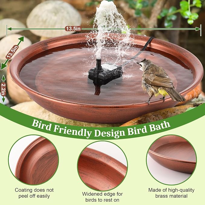 Bird Bath Fountain for Outside, 13.5" Garden Metal Bird Bath Bowl with 8W Pump, 2 Nozzles Adjustable Water Fountain for Backyard Patio Garden and Outdoor Water Features (Standing)