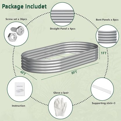 Galvanized Raised Garden Bed Outdoor, 8x4x1ft(2Pack) Metal Heavy Duty Planter Boxes for Gardening, Easy Assemble Bottomless Small Oval Plant Container Kit for Vegetable, Flower, Fruit, Silver