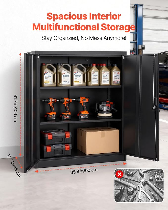 VEVOR Metal Storage Cabinet, 41.7 in Steel Garage Cabinet with 2 Adjustable Shelves, 2 Magnetic Doors & 2 Keys, 3 Tiers Lockable Tool Storage for Pantry, Warehouse, Basement, Office, Black