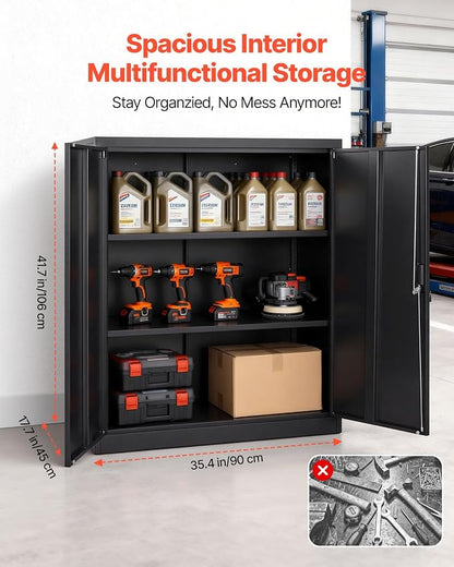 VEVOR Metal Storage Cabinet, 41.7 in Steel Garage Cabinet with 2 Adjustable Shelves, 2 Magnetic Doors & 2 Keys, 3 Tiers Lockable Tool Storage for Pantry, Warehouse, Basement, Office, Black
