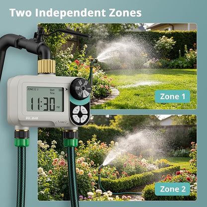 QUOBAS Zero Pressure Sprinkler Timer with Child Lock, Programmable Water Timer for Garden Hose Faucet with Brass Ports, Rain Delay/Manual/Auto Irrigation System, 2 Zone Watering for Rain Barrel