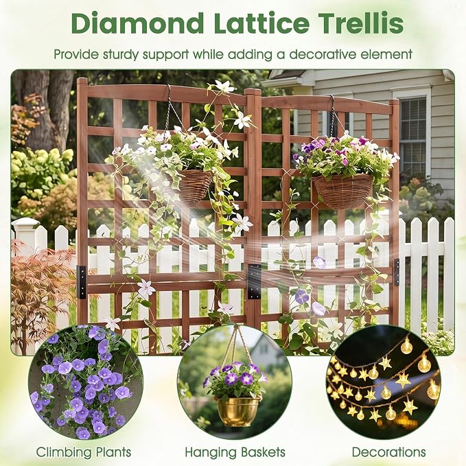 Giantex Wooden Raised Garden Bed with Trellis, Dual Large Planter Boxes for Climbing Plants Vegetables Flowers, Elevated Outdoor Planter w/Drainage Holes & Privacy Screen, Patio Backyard Decoration