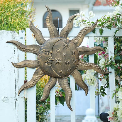 VCUTEKA 27" Sun Metal Wall Art Outdoor Decor Moon Wall Decoration Metal Wall Sculpture Hanging Garden Wall Art Wall Sculpture for Indoor Outdoor Patio Fence Decor Gold
