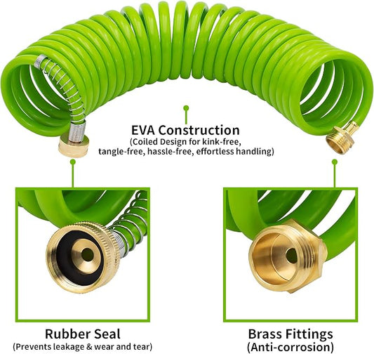 AUTOMAN EVA Recoil Garden Hose 25ft - Includes 7 Pattern Spray Nozzle,Curly Water Hose 25 Foot,Watering Hose Coil,Retractable,Corrosion Resistant Garden Coil Hose.Green