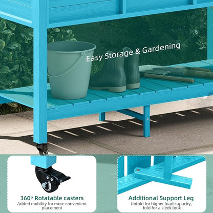 YITAHOME Raised Garden Bed HDPE, 47x18x31In Raised Flower Bed Poly-Wood Weather-Resistant Elevated Planter Box with Lockable Wheels & Storage Shelf for Vegetable Flower, Aruba Blue