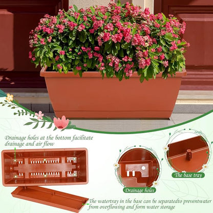 12Pcs 17Inches Rectangle Planter Box with Drainage Holes and Trays Plastic Planters Flower Boxes Pots for Indoor Outdoor Plants Patio Garden Home Decor Porch Yard (Black)