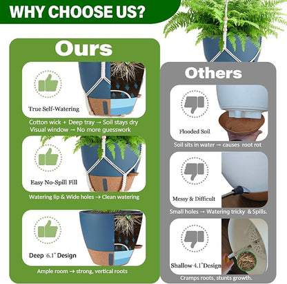 Hanging Planter Self Watering 10 Inch, 2 Pack Hanging Baskets for Plants, Hanging Flower Pots with Drainage Hole & 2 Kinds of Plant Hangers for Garden Home Decor (Navy Blue, 10 Inch)