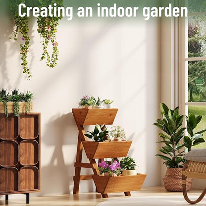 3-Tier Vertical Wooden Raised Garden Bed, Freestanding Garden Planter Box, Wood Flower Rack, Planter Box for Herbs, Vegetables, Outdoor Indoor Use, Small-Brown