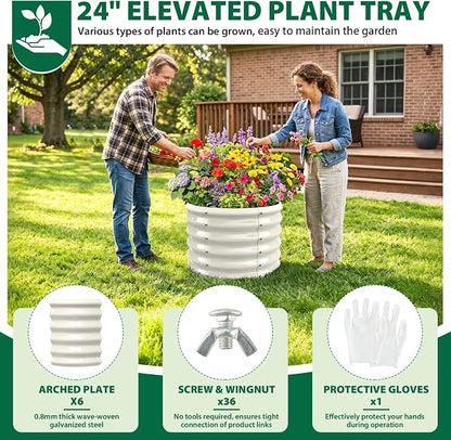 24" Diameter Round Raised Garden Bed - 17 Inch Tall, Heavy-Duty Galvanized Steel Planter Box with Wave-Shaped Panels for Vegetables, Herbs & Flowers (1, White, 24 Inch Diameter)