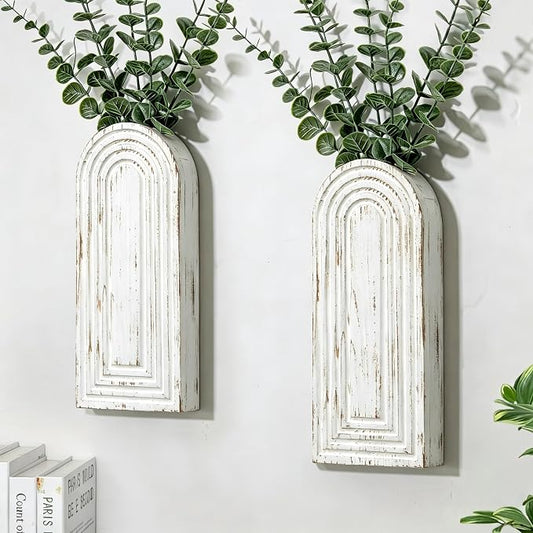 Wooden Wall Art Decor: Wall Vases for Indoor Artificial Plants & Flowers, Wood Wall Hanging Planters for Home Decor - Bathroom, Living Room, Bedroom, Patio (Washed White)