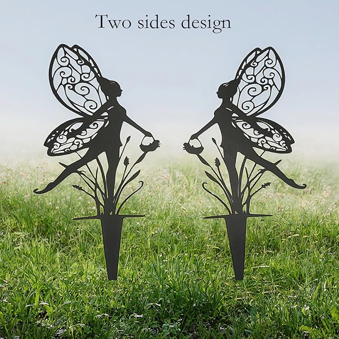 Decorative Garden Stakes， Fairy Garden Stakes, Butterfly Fairy Stakes for Weather Resistant Black Metal Outdoor Decorative Art for Women Gift (Matte Black, 3P-A)