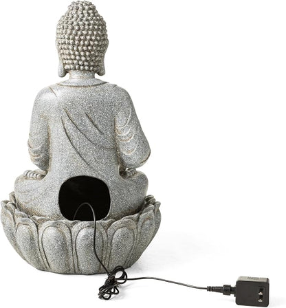 Glitzhome 20.5" Zen Buddha Fountain, Outdoor Water Fountain with LED Light, Polyresin Stone Powder Concrete Finish Meditating Buddha Statue for Garden Patio Yard Deck, 4 Warm LED Lights