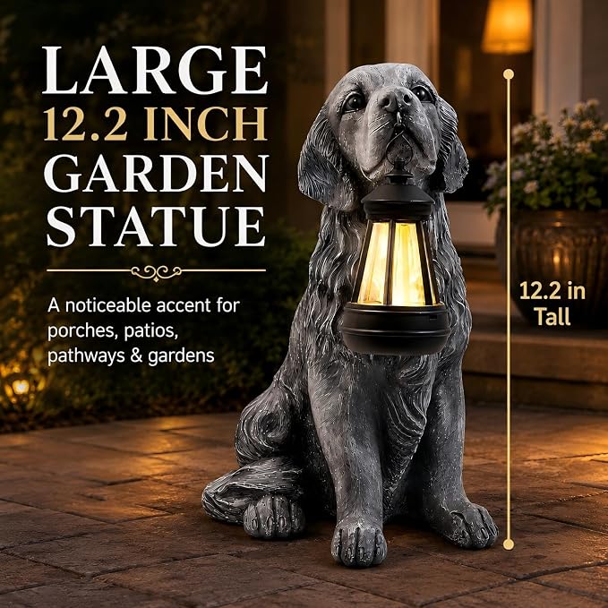 12.2 Inch Large Solar Dog Garden Statue with Lantern, Waterproof Resin Outdoor Puppy Figurine Light for Patio Yard Lawn Pathway Porch, Decorative Solar Lights Gift for Dog Lovers