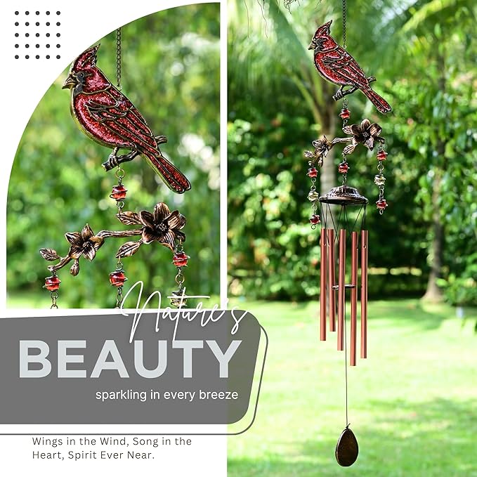 Wind Chimes for Outside, Wind Chimes Outdoor Clearance, Soothing Tones Outdoors, Cardinal Wind Chime, Memorial, Sympathy Gift, Patio, Porch, Home Décor, Modern, Art Décor, Bronze (32" Cardinal)