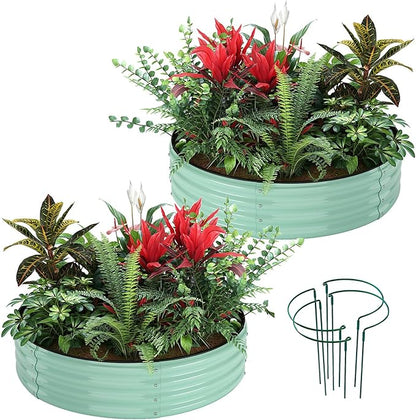 ZFHgarden Galvanized Metal Planter Round Raised Garden Bed Kit for Gardening Outdoor，2x2x1ft 2PC Grow Garden Box Raised Flower Bed，Round Galvanized Planter Outdoor Metal Fire Pit Ring Green