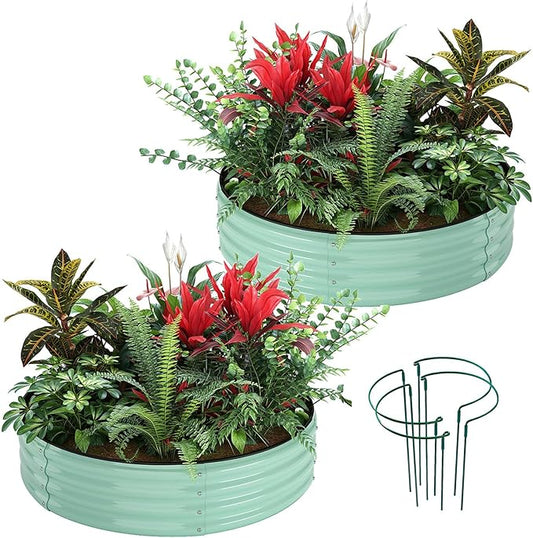 ZFHgarden Galvanized Metal Planter Round Raised Garden Bed Kit for Gardening Outdoor，2x2x1ft 2PC Grow Garden Box Raised Flower Bed，Round Galvanized Planter Outdoor Metal Fire Pit Ring Green