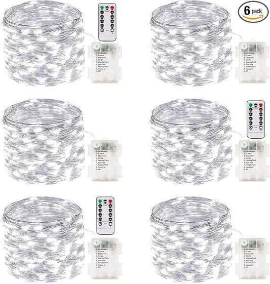 6 Pack Fairy Lights Battery Operated with Remote 33FT 100 LED Cool White | Remote Control, 8 Modes, Timer, Adjustable brightness, Waterproof Lights for Indoor Outdoor Classroom Christmas Decor