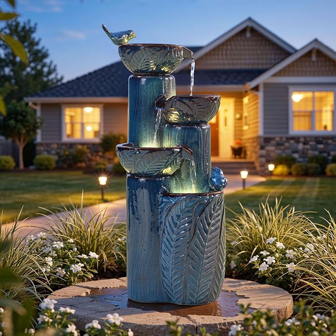 33" H Ceramic Outdoor Water Fountain with LED Lights, 4-Tier Bowl Water Feature with Birds, Teal Blue Glaze, Embossed Leaf Pattern, Cascading Waterfall for Tranquil Garden, Patio, or Porch