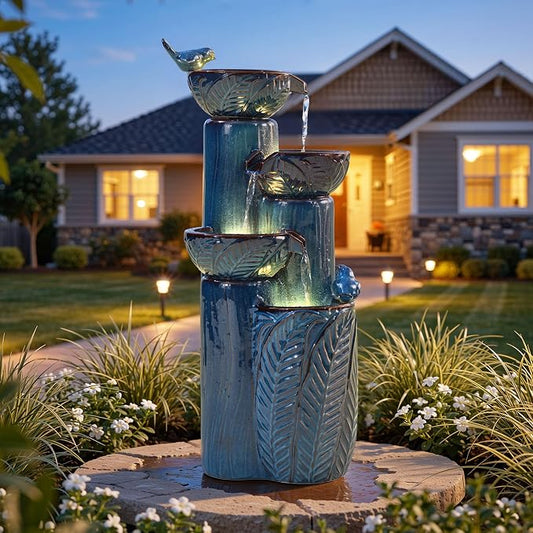 33" H Ceramic Outdoor Water Fountain with LED Lights, 4-Tier Bowl Water Feature with Birds, Teal Blue Glaze, Embossed Leaf Pattern, Cascading Waterfall for Tranquil Garden, Patio, or Porch