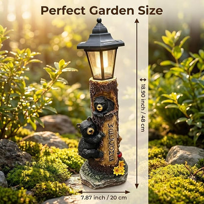 Brown Bear Statue for Garden with Solar Lights, 19 Inch Resin Bear Cubs Welcome Sign Outdoor Decor, Solar Powered Auto On/Off LED, Weather Resistant Yard Lawn Patio Cabin Figurine