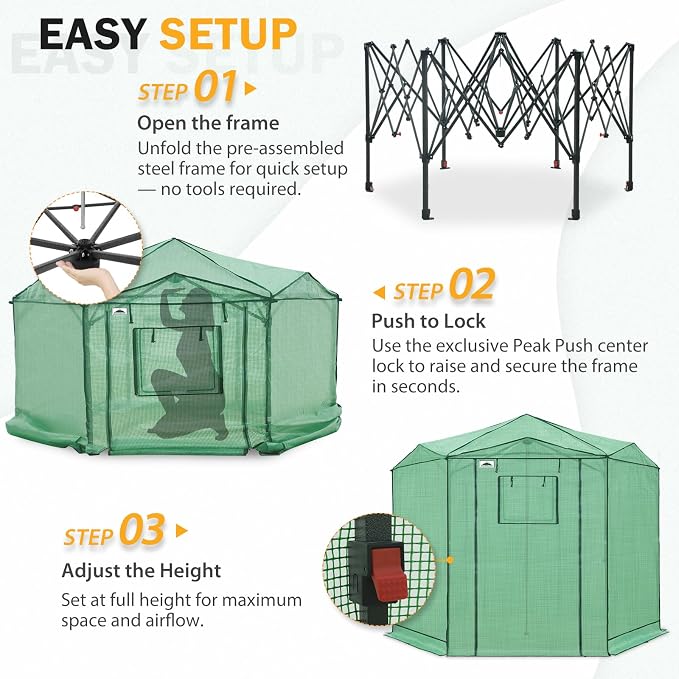 EAGLE PEAK 8.5x8.5 Portable Walk in Greenhouse, Pop Up Indoor Outdoor Greenhouse, Green House Kit with Zippered Roll-Up Doors and Windows, Hexagon Design, PE Cover, Clear/Green